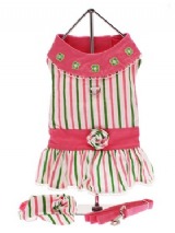 Chloe's Beverly Hills Chihuahua Dress Set - <b>As seen in the movie Beverly Hills Chihuahua</b>, this fully lined harness dress has cute lime green and pink stripes, embroidered matching flowers and a lace trimmed collar. Matching visor & Lead are included and it has a sturdy D-ring for easy lead attachment. It was worn by the star of the mov...