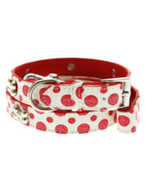 Red / White Polka Dot Glitter Silver Bone Collar & Lead Set - This striking red & white leather collar with stitched edging has a hint of glitter, finished with three chrome bones and will look great for walkies. A very smart addition to the wardrobe of any trendy pooch. Matching leather lead has silver clip with red & white polka dot glitter pattern and finis...