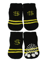 Black / Yellow ''Dollar'' Pet Socks - These fun and functional doggie socks protect your dogs paws from mud, snow, ice, hot pavement, hot sand and other extreme weather. Made from 95% cotton and 5% spandex making them comfortable and secure. Each sock features a paw shaped anti-slip silica pad and help keep your house sanitary.