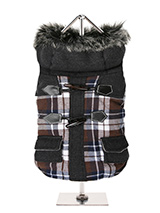 Highland Tartan Duffle Coat  - This two tone tartan designed coat is inspired by the traditions of the Highlands of Scotland. It is fleece lined to keep your dog snug and warm. It also has a faux fur trimmed hood with is both stylish and practical. It fastens from the underside with four pop-on pop-off buttons and is finished on...