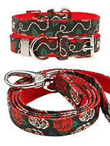 Skull & Roses Fabric Collar & Lead Set - Lets get, lets get rocked with our tattoo inspired Skull and Roses collar and lead set. It is lightweight and incredibly strong. The collar has been finished with chrome detailing including the eyelets and tip of the collar. A matching lead, harness and bandana are available to purchase separately....