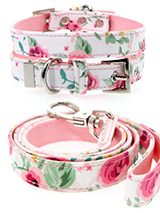 Pink Floral Cascade Fabric Collar & Lead Set - Our Floral Cascade pattern collar and lead set is a rich contemporary style and the floral pattern is right on trend. It is lightweight and incredibly strong. The collar has been finished with chrome detailing including the eyelets and tip of the collar. A matching harness and bandana are available...