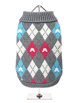 Grey & Pink Argyle Sweater - Our knitted Grey & Pink Argyle Sweater features a red, blue and white diamond pattern. The Argyle pattern has seen a resurgence in popularity in the last few years due to its adoption by Stuart Stockdale in collections produced by luxury clothing manufacturer, Pringle of Scotland. The rich Scottish...