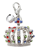 Crown Jewels Dog Collar Charm in Silver - Designed in the style of the crowns of the Imperial Russian Court this beautiful charm features green, blue, red and pink  diamanté crystals set in silver alloy. This is an accessory fit for royalty. It also has a little silver bell that lets you know when you dog is the move. You can't much more bl...