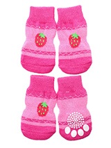 Strawberry Glitter Pet Socks - These fun and functional doggie socks protect your dogs paws from mud, snow, ice, hot pavement, hot sand and other extreme weather. Made from 95% cotton & 5% spandex making them comfortable and secure. Each sock features a paw shaped anti-slip silica pad & help keep your house sanitary. (set of 4).