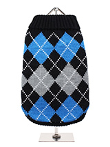 Black & Blue Argyle Sweater - Knitted Black sweater with a blue and grey diamond pattern. The Argyle pattern has seen a resurgence in popularity in the last few years due to its adoption by Stuart Stockdale in collections produced by luxury clothing manufacturer, Pringle of Scotland. The rich Scottish heritage will give your pup...
