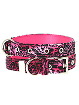 Pink Leopard Print Fabric Collar - Our Pink Leopard Print Fabric Collar is lightweight and incredibly strong. The collar has been finished with chrome detailing including the eyelets and tip of the collar. A matching lead, harness and bandana are available to purchase separately. This distinctive look will give your dog a unique styl...
