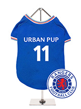 Rangers Football Team Shirt (Personalised) - Get 'ready' to take a trip back to the future with our Personalised Rangers Retro Football Shirt. This retro-styled dog football shirt is based on Rangers kits of the past that have been worn by countless legends, and features red, white, and blue piping on the cuffs and collar. It features the club...