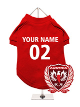 Austria Football Dog T-Shirt (Personalised) - Support your favourite team with this customisable Austria dog t-shirt. 
Featuring a distinctive Austria eagle crest, this t-shirt allows you to 
personalise it with your dog's name and team number for a unique touch. 
Crafted from soft, breathable fabric, it ensures maximum comfort for 
your fu...