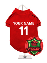 Hungary Football Dog T-Shirt (Personalised) - Show your Hungarian pride with this personalised dog t-shirt, featuring a Hungary crest with a crown. Personalise it with your dog's name and team number for a unique look. The t-shirt is made from breathable, comfortable fabric, ensuring your dogs comfort. Its machine washable, making it easy to...