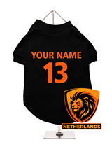 Netherlands Football Dog T-Shirt (Personalised) - Cheer for the Netherlands with this personalised dog t-shirt, showcasing 
a unique Netherlands lion crest. Personalise it with your dog's name and 
team number for a custom look. The t-shirt is made from breathable 
fabric to keep your dog cool and comfortable. It's machine washable for 
conveni...