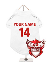 Poland Football Dog T-Shirt (Personalised) - Support Poland with this customisable dog t-shirt, featuring a Poland 
eagle crest. The t-shirt allows for personalisation with your dog's name 
and team number. Made from soft and comfortable, breathable fabric, it 
ensures your dog stays happy. Its simple to wash and machine washable. 
Ideal...