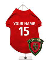 Portugal Football Dog T-Shirt (Personalised) - Celebrate Portugal with this personalised dog t-shirt, featuring a unique Portugal crest with an armillary sphere. You can personalise it with your dog's name and team number. Crafted from lightweight, soft fabric, it keeps your dog comfortable. The t-shirt is machine washable for easy care. Perfect...