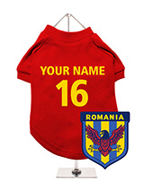 Romania Football Dog T-Shirt (Personalised) - Show your support for Romania with this customisable dog t-shirt. It features a custom Romania badge and can be personalised with your dog's name and team number. Made from comfortable, breathable fabric, it keeps your dog comfortable. The t-shirt is machine washable for easy upkeep. Great for showi...