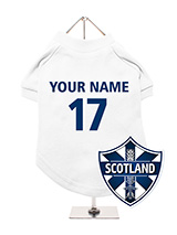 Scotland Football Dog T-Shirt (Personalised) - Celebrate Scotland with this personalised dog t-shirt, featuring a 
unique Scotland thistle crest. You can add your dog's name and team 
number for a custom touch. The t-shirt is made from soft, light fabric 
to keep your dog comfortable. Its easy to clean and machine washable. 
Perfect for fla...
