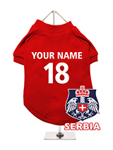 Serbia Football Dog T-Shirt (Personalised) - Support Serbia with this customisable dog t-shirt, featuring a custom Serbia crest with a double-headed eagle. The t-shirt can be personalised with your dog's name and team number. Made from soft, breathable fabric, it ensures your dog's comfort. Its easy to clean, being machine washable. Ideal for...