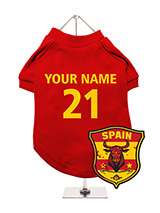 Spain Football Dog T-Shirt (Personalised) - Show your Spanish pride with this personalised dog t-shirt, featuring a 
custom Spain bull crest. You can add your dog's name and team number for 
a personal touch. The t-shirt is made from soft and breathable fabric to 
keep your dog comfortable. It's machine washable for easy cleaning. 
Perfec...