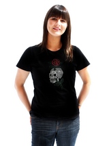 Skull & Rose GlamourGlitz Women's T-Shirt - Exclusive GlamourGlitz ''Mommy and Me'' Women's T-Shirt. <br /><br /> With a tattoo design attributing to 80's Glam Rock crafted with Silver, Green and Red Rhinestuds that catch a sparkle in the light. Whether you wear this to match up with your pet or just on it's own, you can be sure you are weari...