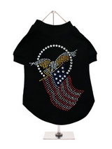 American Spirit GlamourGlitz Dog T-Shirt - Exclusive GlamourGlitz 100% Cotton Dog T-Shirt. Embellished with the American Eagle swooping down and clutching the Stars & Stripes, symbolizing the Spirit of America. Crafted with Red, Silver and Blue Rhinestuds that catch a sparkle in the light. Wear on it's own or match with a GlamourGlitz ''<b>M...