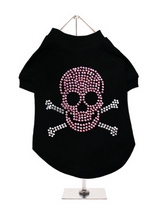 Skull & Crossbones GlamourGlitz Dog T-Shirt - Exclusive GlamourGlitz 100% Cotton Dog T-Shirt. Embellished with a Skull & Crossbones design and crafted with Pink & Silver Rhinestuds that catch a sparkle in the light. Wear on it's own or match with a GlamourGlitz ''<b>Mommy & Me</b>'' Women's T-Shirt to complete the look.