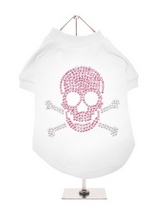Skull & Crossbones GlamourGlitz Dog T-Shirt - Exclusive GlamourGlitz 100% Cotton Dog T-Shirt. Embellished with a Skull & Crossbones design and crafted with Pink & Silver Rhinestuds that catch a sparkle in the light. Wear on it's own or match with a GlamourGlitz ''<b>Mommy & Me</b>'' Women's T-Shirt to complete the look.