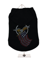 GlamourGlitz American Spirit Dog Hoodie - Exclusive GlamourGlitz 100% Cotton Hoodie. Embellished with the American Eagle swooping down and clutching the Stars & Stripes, symbolizing the Spirit of America. Crafted with Red, Silver and Blue Rhinestuds that catch a sparkle in the light. Wear on it's own or match with a GlamourGlitz ''<b>Mommy...