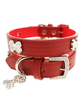Red Leather Diamante Collar & Diamante Bone Charm - Sparkling Bling Collar! This textured red leather collar with a stitched edging has a crystal encrusted buckle with three large / bling sparkling diamante bones and a large sparkling diamante charm complete the look. A glamorous addition to the wardrobe of any trendy pooch.S Width: 14mmM Width: 19mm...
