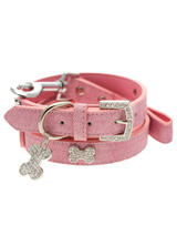 Pink Leather Diamante Collar / Diamante Bone Charm & Lead Set - Sparkling Bling Collar & Lead Set. This textured pink leather collar with a stitched edging has a crystal encrusted buckle with three large / bling sparkling diamante bones and a large sparkling diamante charm complete the look. A glamorous addition to the wardrobe of any trendy pooch. Matching lead...