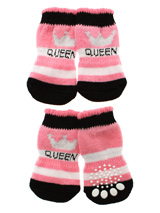 Pink ''Queen'' Pet Socks - These fun and functional doggie socks protect your dogs paws from mud, snow, ice, hot pavement, hot sand and other extreme weather. Made from 95% cotton and 5% spandex making them comfortable and secure. Each sock features a paw shaped anti-slip silica pad and help keep your house sanitary. (set of...