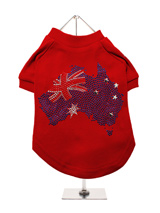 Australia Flag GlamourGlitz Dog T-Shirt - Exclusive GlamourGlitz 100% Cotton Dog T-Shirt. A full Australian Flag design crafted with Red, Silver and Blue Rhinestuds that catch a sparkle in the light. Wear on it's own or match with a GlamourGlitz ''Mommy and Me'' Women's T-Shirt to complete the look.