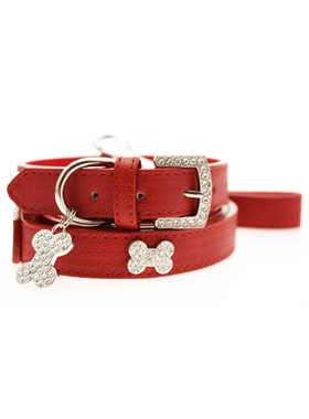 Red Leather Diamante Collar / Diamante Bone Charm & Lead Set