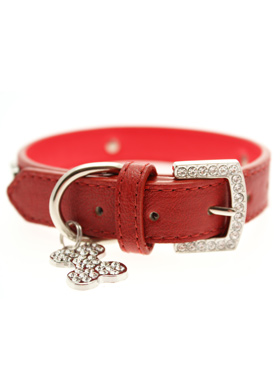 Red Leather Diamante Collar / Diamante Bone Charm & Lead Set