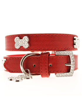 Red Leather Diamante Collar & Diamante Bone Charm
