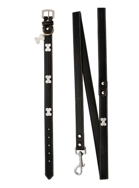 Black Leather Diamante Collar / Diamante Bone Charm & Lead Set