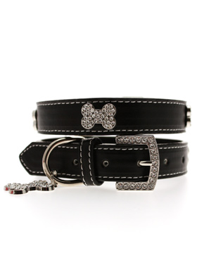 Black Leather Diamante Collar & Diamante Bone Charm