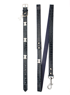 Blue Crocodile Leather Diamante Collar / Diamante Bone Charm & Lead Set